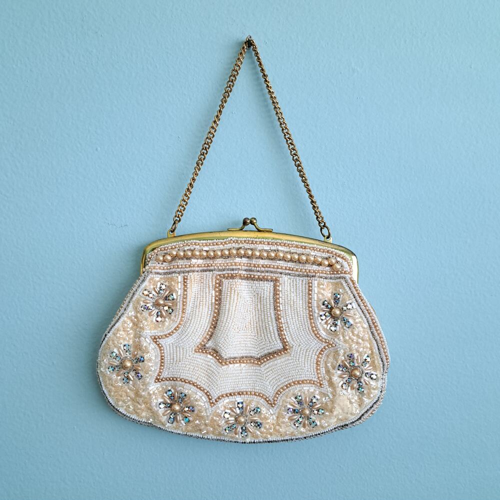 Vintage Beaded Cream Pearl Evening Bag Clutch Wedding Bridal Handbag Retro
